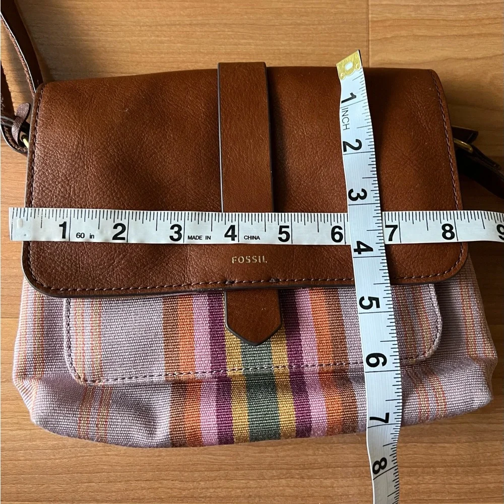 Fossil Leather & Stripe Canvas Crossbody Bag Brown Multicolor